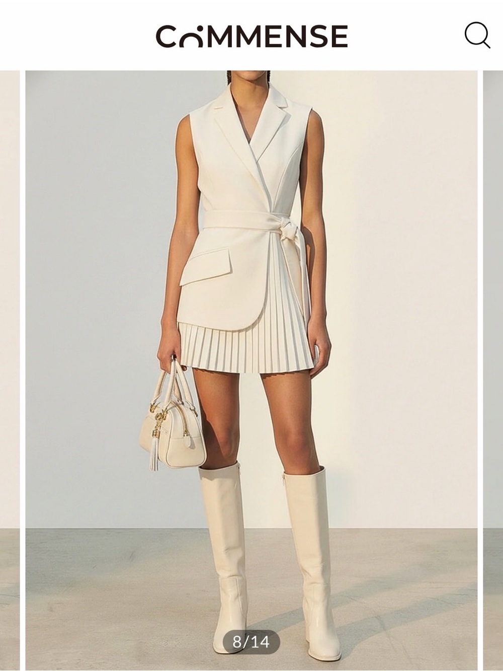 Commense White Sleeveless Wrap Pleated Mini Dress with Tie Waist